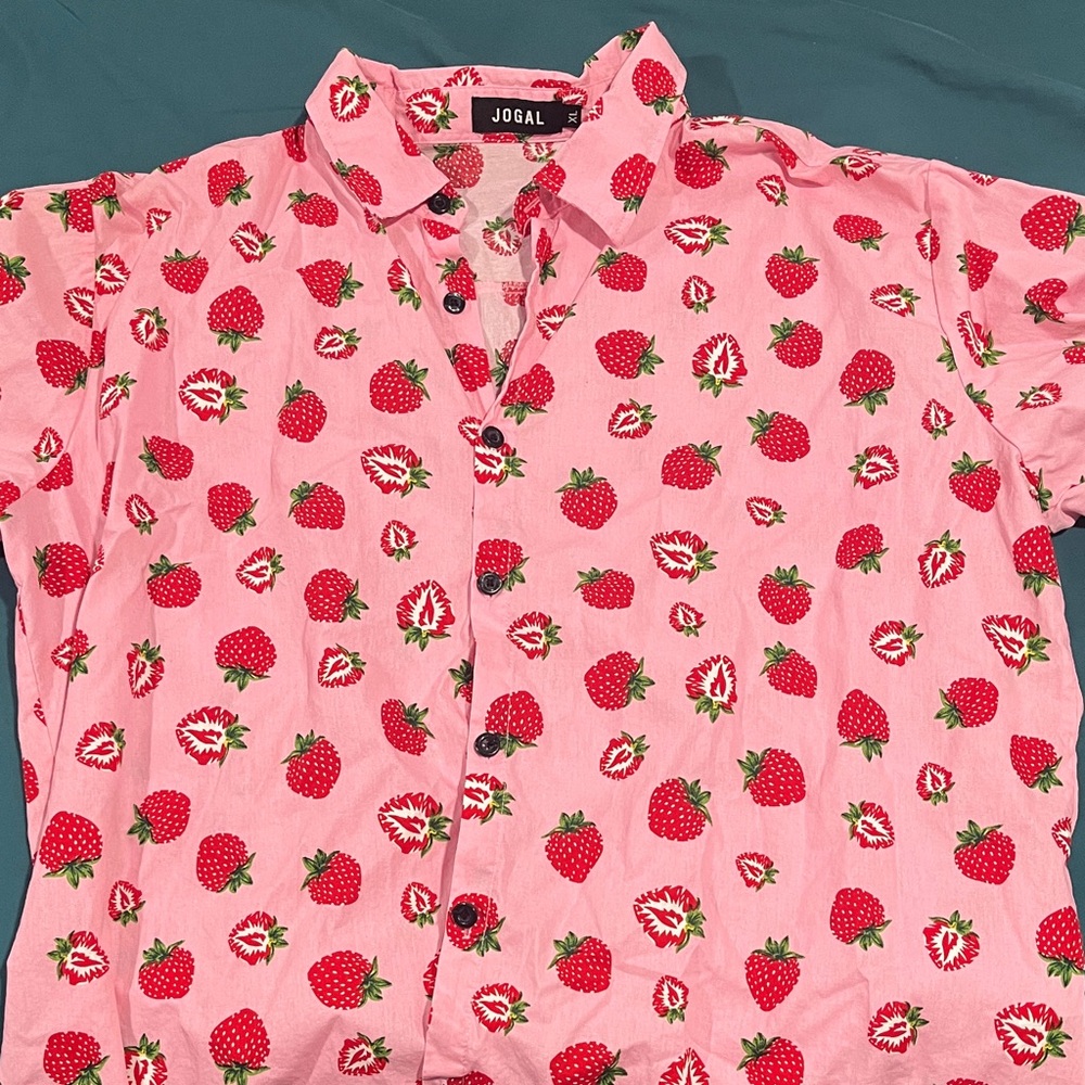 JOGAL Men's Pink Strawberry Print Casual Shirt